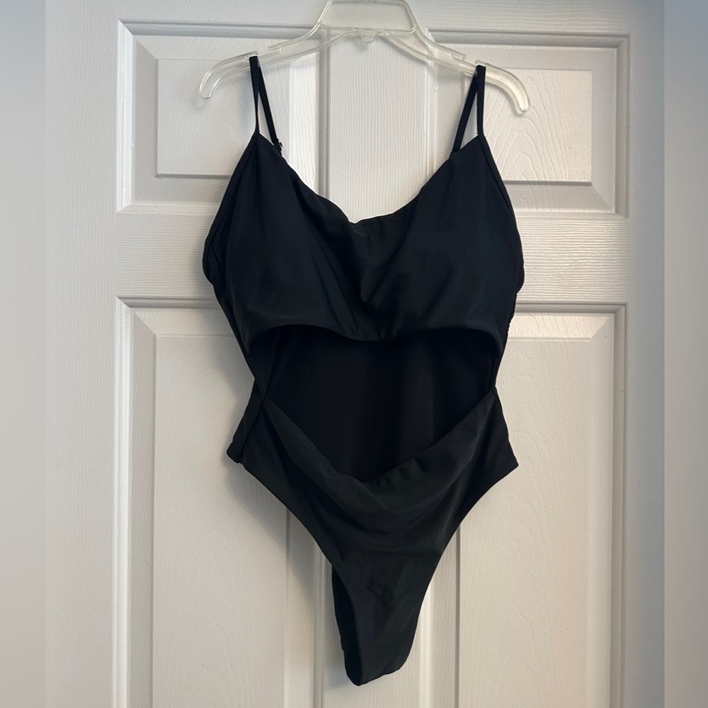 Black Women's Cutout One Piece Swimsuit with removable cups